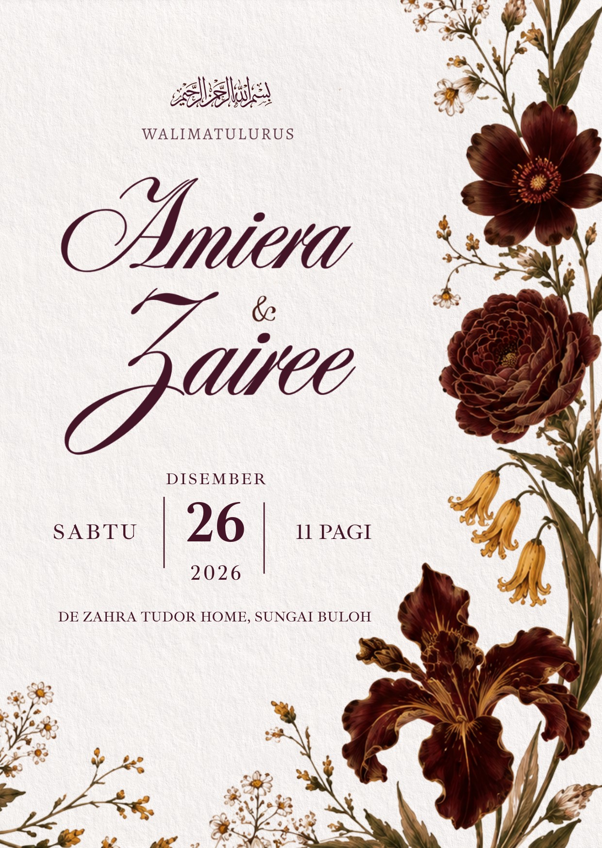 Amiera & Zairee — Walimatulurus, Sabtu 26 Disember 2026, 11 pagi, De Zahra Tudor Home, Sungai Buloh