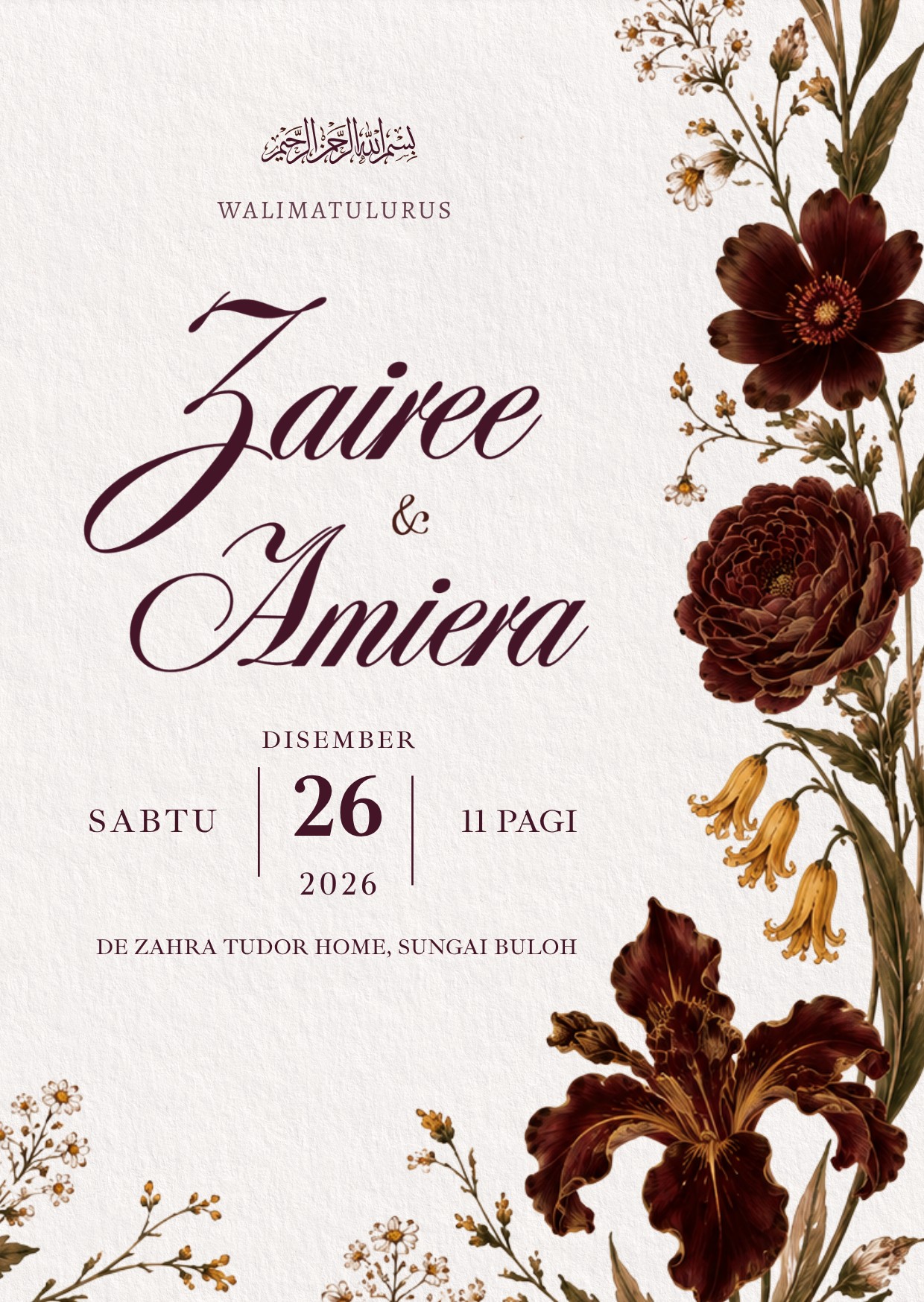 Zairee & Amiera — Walimatulurus, Sabtu 26 Disember 2026, 11 pagi, De Zahra Tudor Home, Sungai Buloh